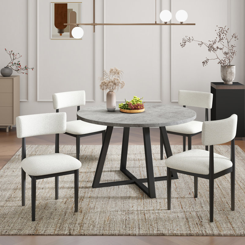 Ensemble de salle à manger 5 pièces Roundhill Furniture Evdo, table à tréteaux ronde et 4 chaises rembourrées, gris et noir