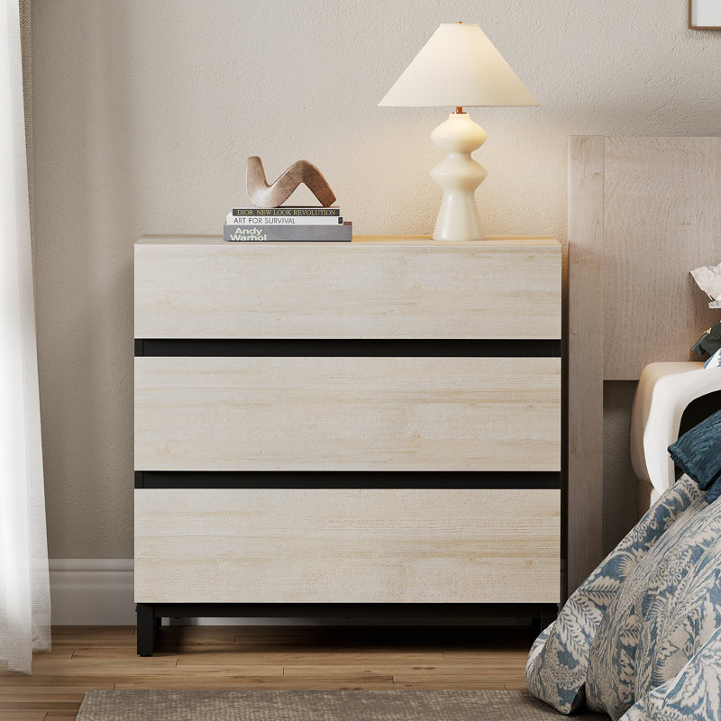 Nightstand With 3 Drawers For Bedroom, Modern Bedside Table With Black Square Iron Leg, Wood Rustic Side Table For Living Room