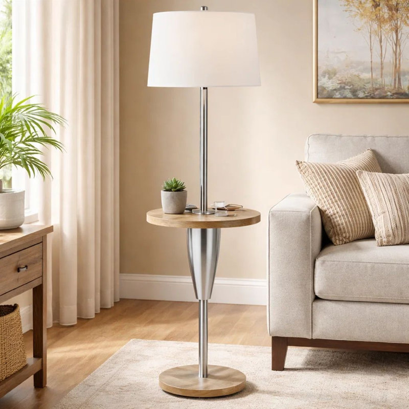 61'' Brown Tray Table Floor Lamp with USB