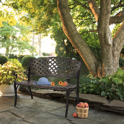 40.5" Outdoor Cast Aluminum Bench With Mesh Backrest & Seat - Powder-coat Durable Construction, Curved Armrests, Sloped Slatted Seat For Comfort, Safe