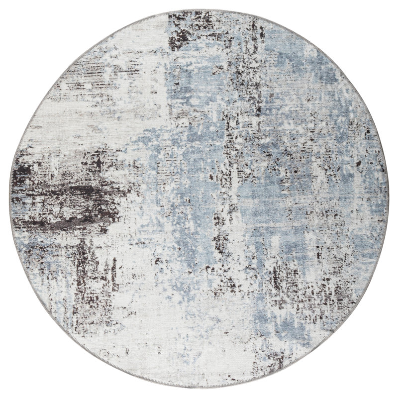 Abstract Machine Washable Area Rug Woven in Blue/Black/White, Round 5'3"