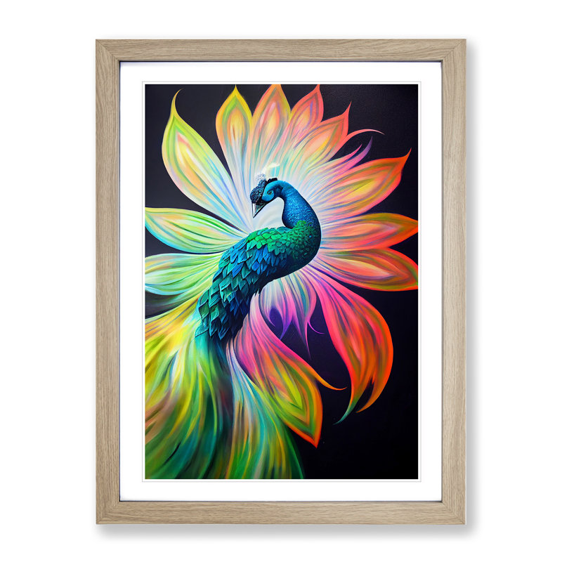 Bold Peacock Art No.1 - Wall Art, 48cm H x 36cm W, Oak Framed, White