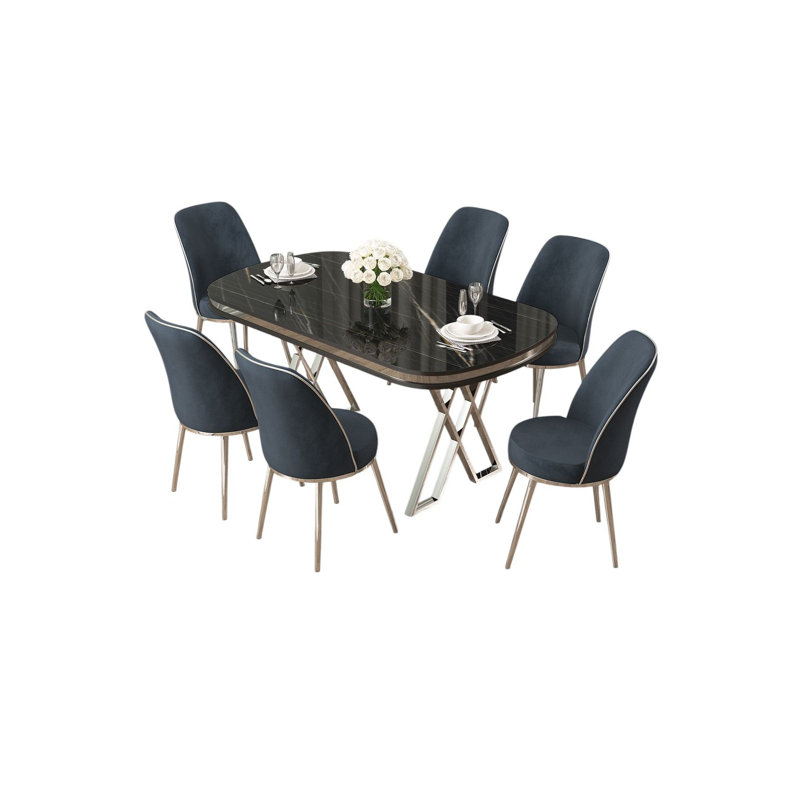Ensemble de table et chaises de salle à manger moderne 7 pièces, finition marbre noir et chrome | Table avec pieds en métal 66,1 x 29,9 x 35,4 po | 6 chaises (17,7 x 35,8 x 16,5 po) avec tissu Babyface | 22 sièges en mousse et 28 sièges en mousse pour un confort ultime