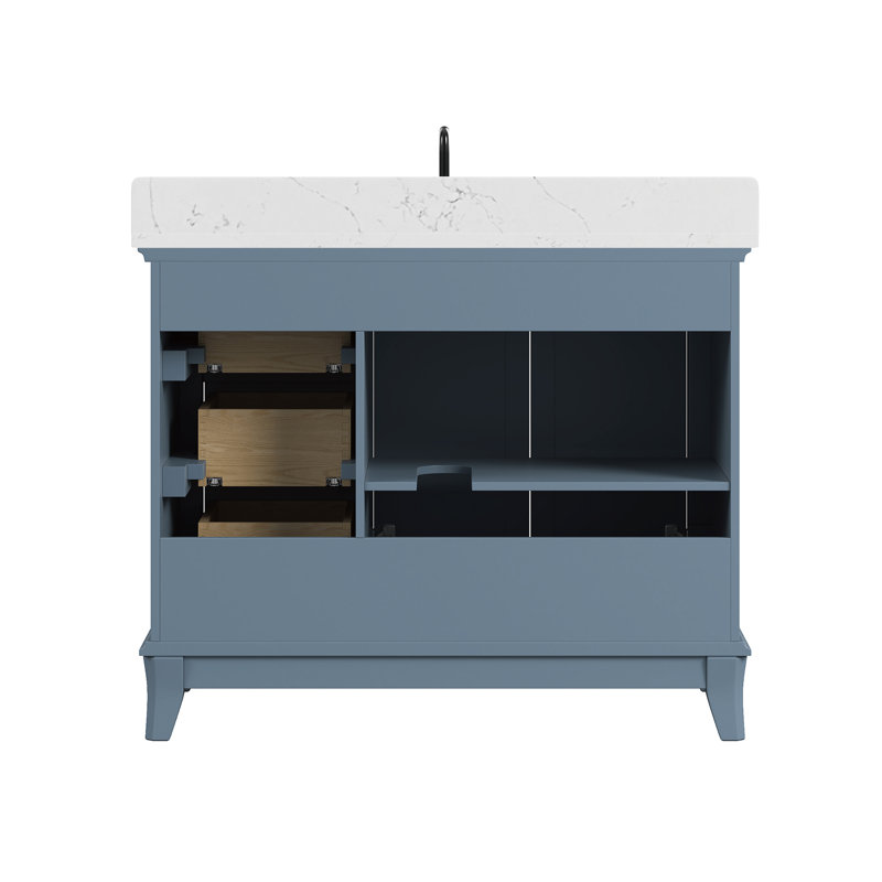 Meuble-lavabo sur pied simple avec comptoir en quartz, Bleu acier, 42", Noir mat