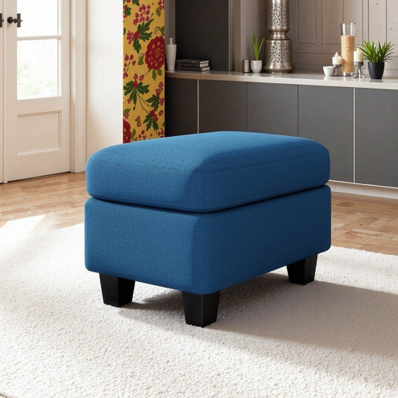 Upholstered Ottoman with Birch Wood Legs, Navy Blue