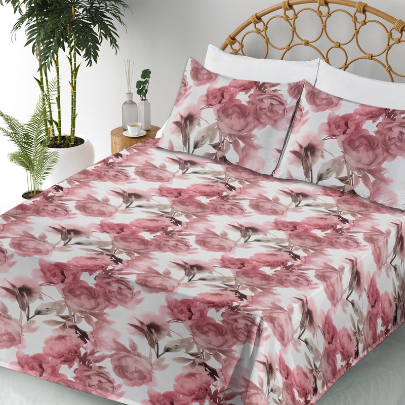 Ambesonne Vintage Sheet Set Soft Tones Nostalgic Peony Pastel Pink and Pale Rose, King Sheet Set with 2 Pillowcases