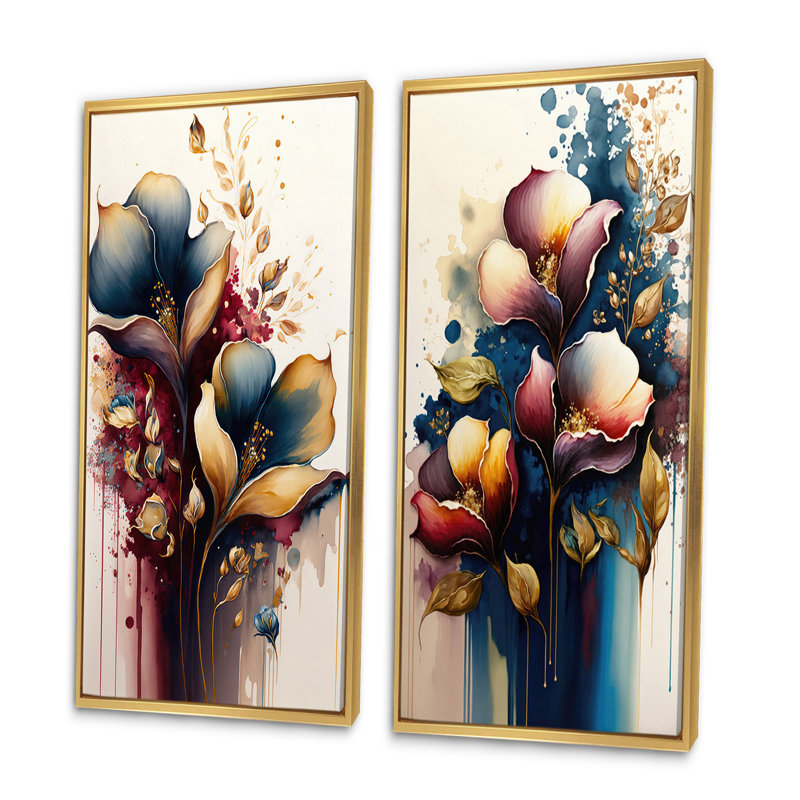 Ensemble de 2 art mural bleu et bourgogne «Cally Lily Bouquet II», Encadrement doré, H 32 po x l 32 po