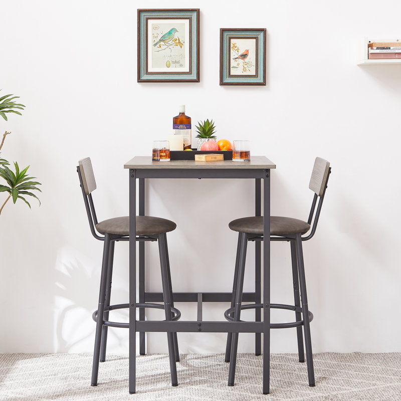 Table de bar d'une hauteur de 24,41 po, gris pu, offrant un confort ergonomique de style rustique, 2 tabourets confortables, bureau rétro