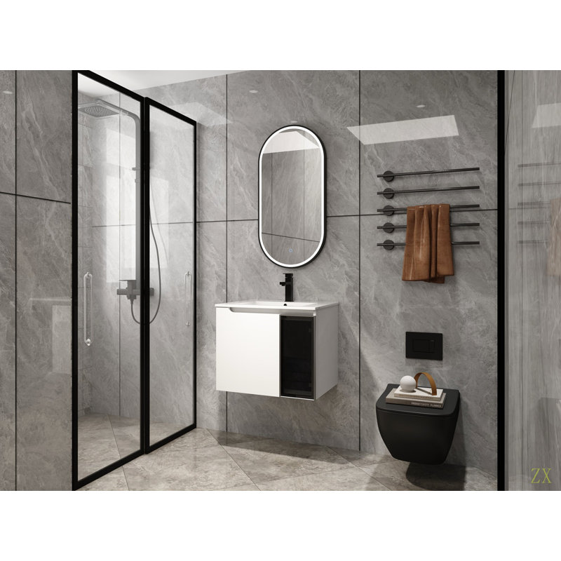 Meuble-lavabo mural 24 po avec lavabo en céramique, 2 portes à fermeture en douceur, meuble-lavabo et porte en verre 1/2, contreplaqué (emballage KD)