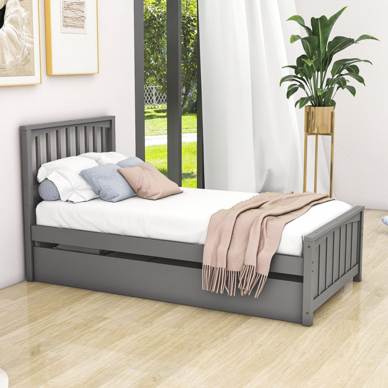 Mashonda Twin Size Wooden Platform Bed with Trundle, Gray