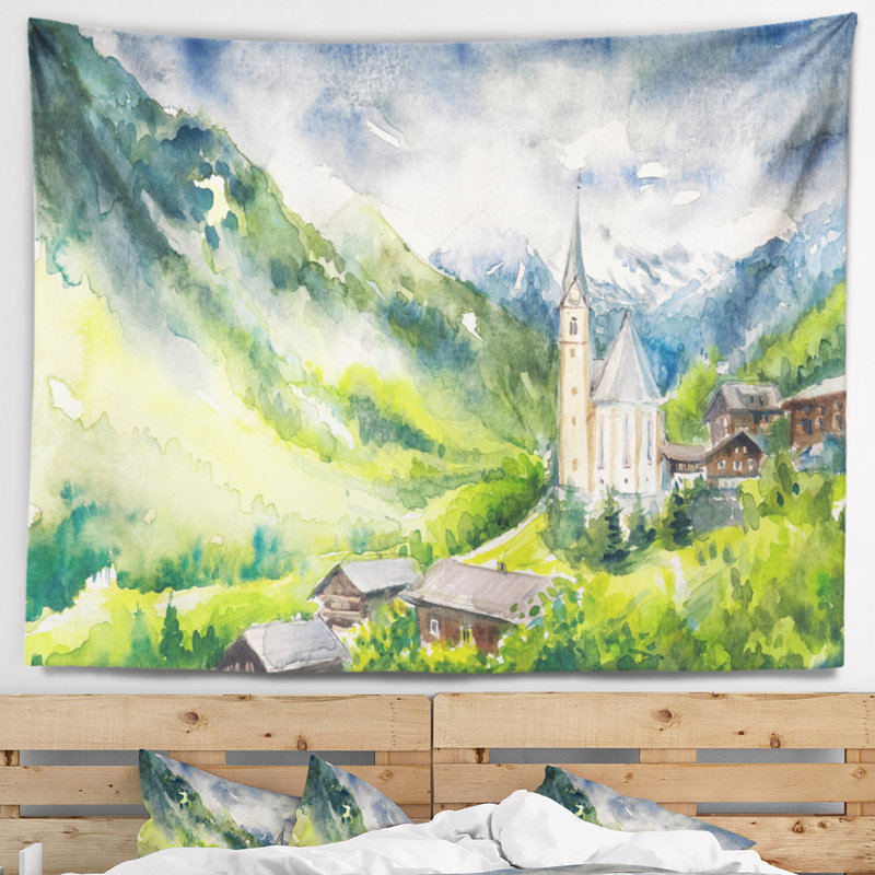 Tapisserie à l'aquarelle paysage, H 32 po x l 39 po