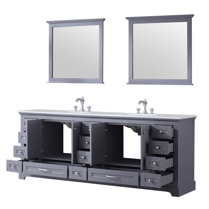 Dukes 84 in. W x 22 in. D Double Bath Vanity Faucet Set and Mirrors, Dark Gray, White Carrara Marble