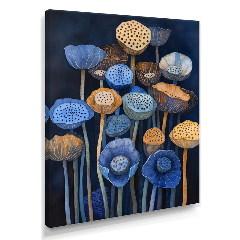 Capsules de lotus au crépuscule - Tableau botanique bleu encadré, H 32 po x l 24 po, Toile tendue
