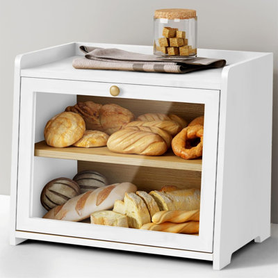 Boîte à pain blanche à double couche pour comptoir de cuisine, boîte à pain à 2 niveaux pour le pain fait maison, grand porte-contenant de rangement pour pain pour le rangement du pain au levain (bois de bambou)