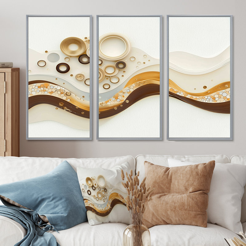 «Minimalist Beige Marble River II», ensemble d'art mural abstrait en marbre, Reproduction avec cadre flottant, Argent argent