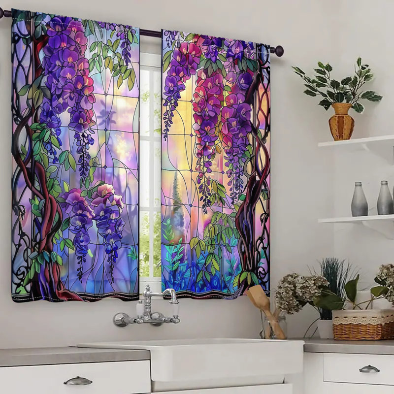 2Pcs Wisteria Stained Curtains, Floral Pattern Window Drapes, Rod Pocket Design, Light Filtering, Flowers Cascading Vine Print, Elegant Botanical Art, Suitable for Living Room Bedroom Kitchen