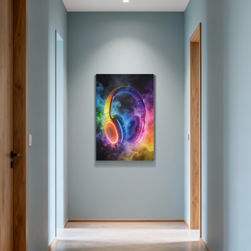 Abstrait casque coloré avec fond néon et fumée, H 24 po x l 16 po