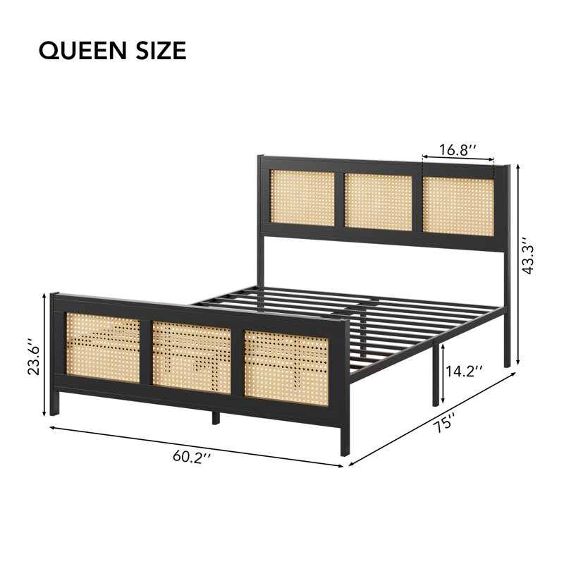 Rattan Bed Frame With Headboard, Boho Cane Platform Bed Frame With Strong Metal Slat, Queen, Black