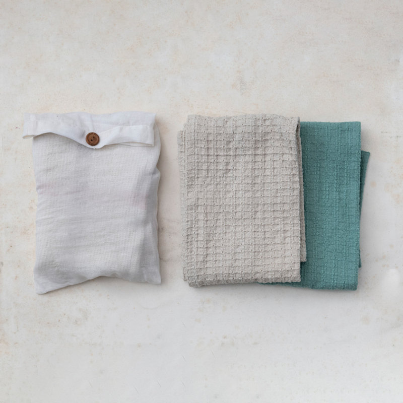 Torchons Waffle Weave, Naturel / bleu