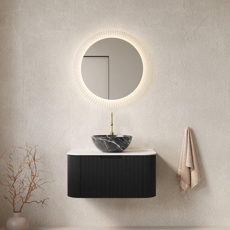Meuble-lavabo de salle de bain 48 po avec lavabo, meuble-lavabo mural à bords arrondis et courbes avec 2 tiroirs, lavabo bol en céramique noir avec motif de pierre