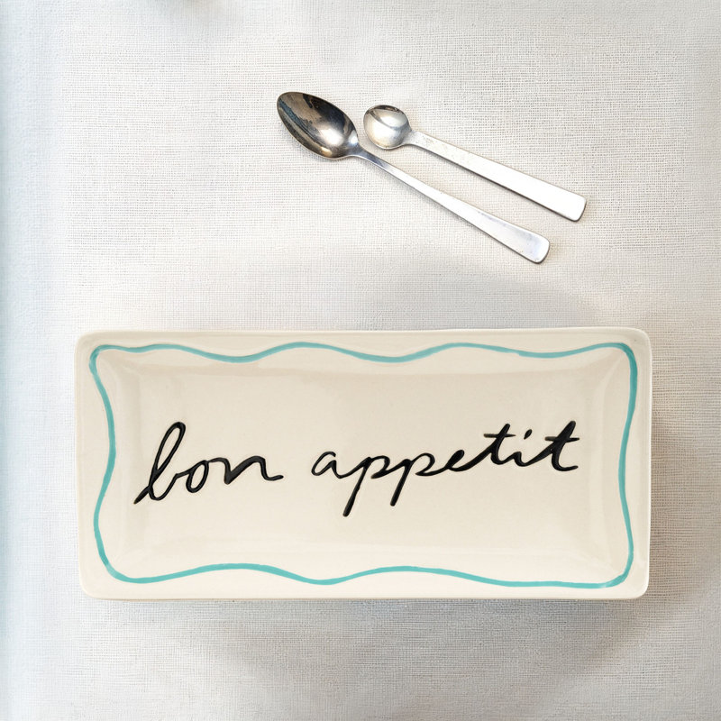Stoneware Rectangular Platter With Wax Relief “Bon Appétit” Design