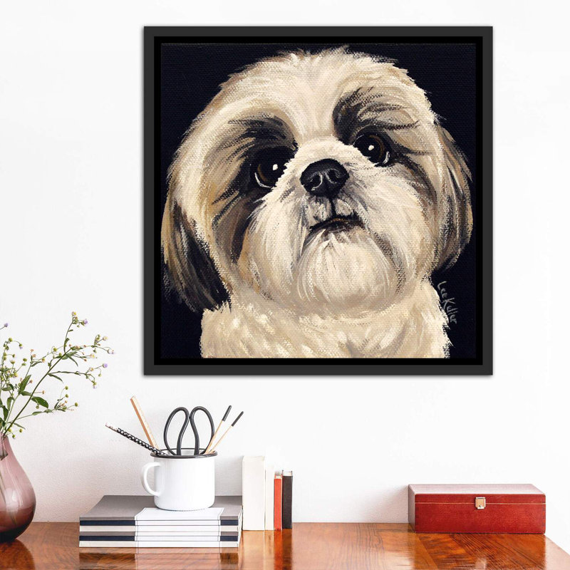 «Shih Tzu On Black I», reproduction de photo, H 26 po x l 26 po x P 1,5 po, Cadre noir vieilli