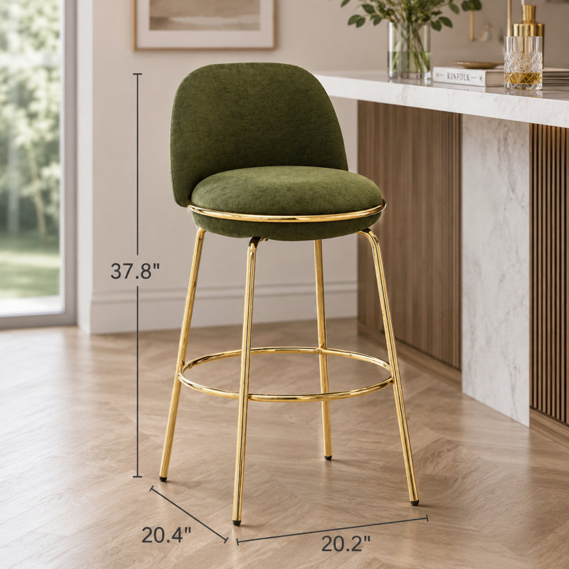 Tabouret de bar 37,8 pouces de luxe moderne vert avec cadre doré poli et repose-pieds rond - ensemble de 2