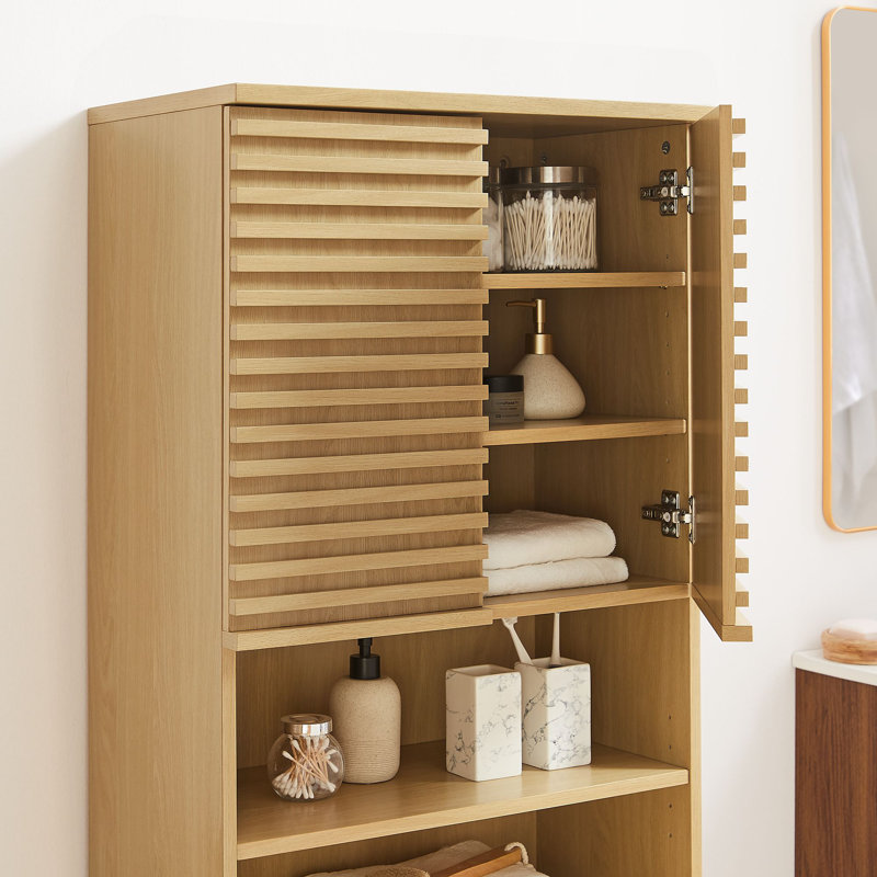 Oak Tall Bathroom Storage Cabinet with Adjustable Shelves