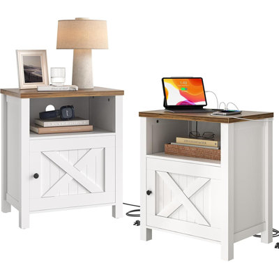 Farmhouse Nightstand Side Table With Electrical Outlets Charging Station,Bedside Table With Open Shelf And Barn Door Storage For Bedroom Room,2 Pack by August Grove