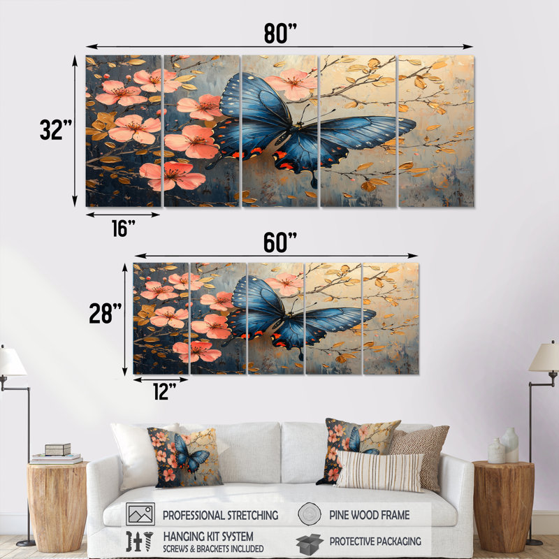 Ensemble de salon art mural papillon bleu sur une branche de cerisier en fleurs doré I, H 28 po x l 60 po