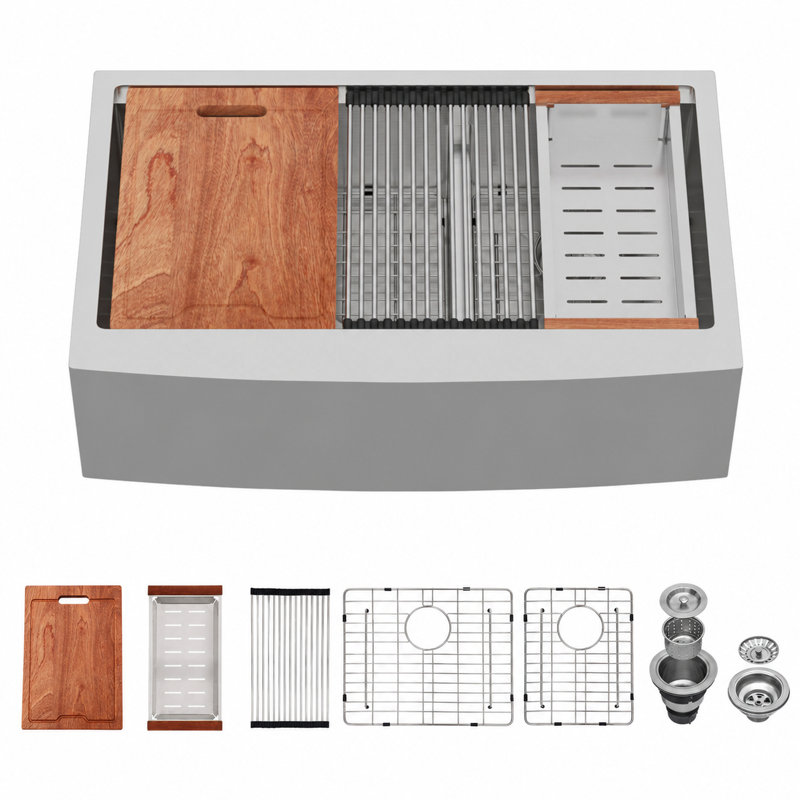 33'' L x 22'' W Farmhouse Stainless Steel Workstation Kitchen Sink, 60/40 Double Bowl Kitchen Sink with Sink Grid, Strainer, Cutting Board, Colander and Roll-up Rack