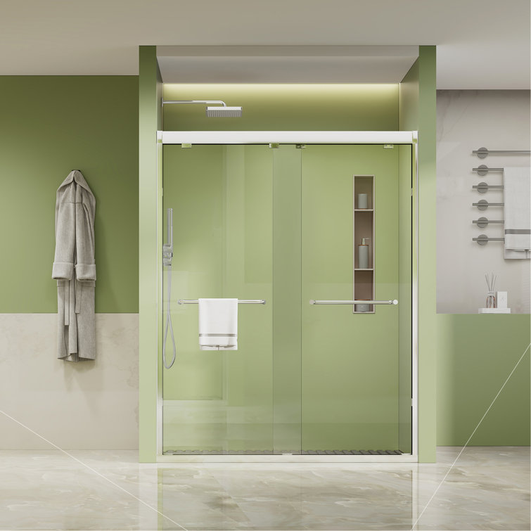 Premium Framed Both Sliding Glass Shower Doors 60" Width X 76"Height With 1/4"(6Mm) Clear Tempered Glass, Silver  Finish, Big Rollers, Square Rail, Self-Cleaning Coating On Both Sides
