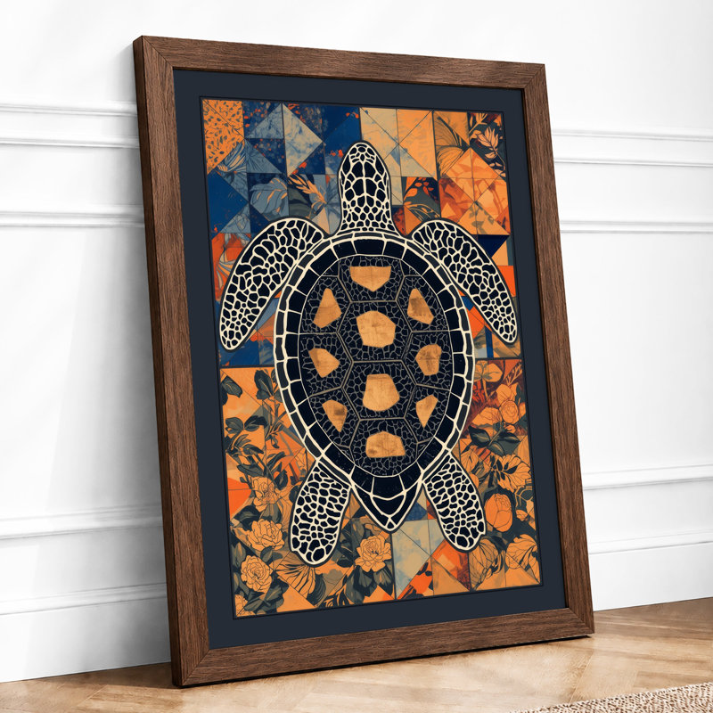 Sea Turtle Geometric - Framed Print, Walnut, A4 - 29.7 x 21.0 cm