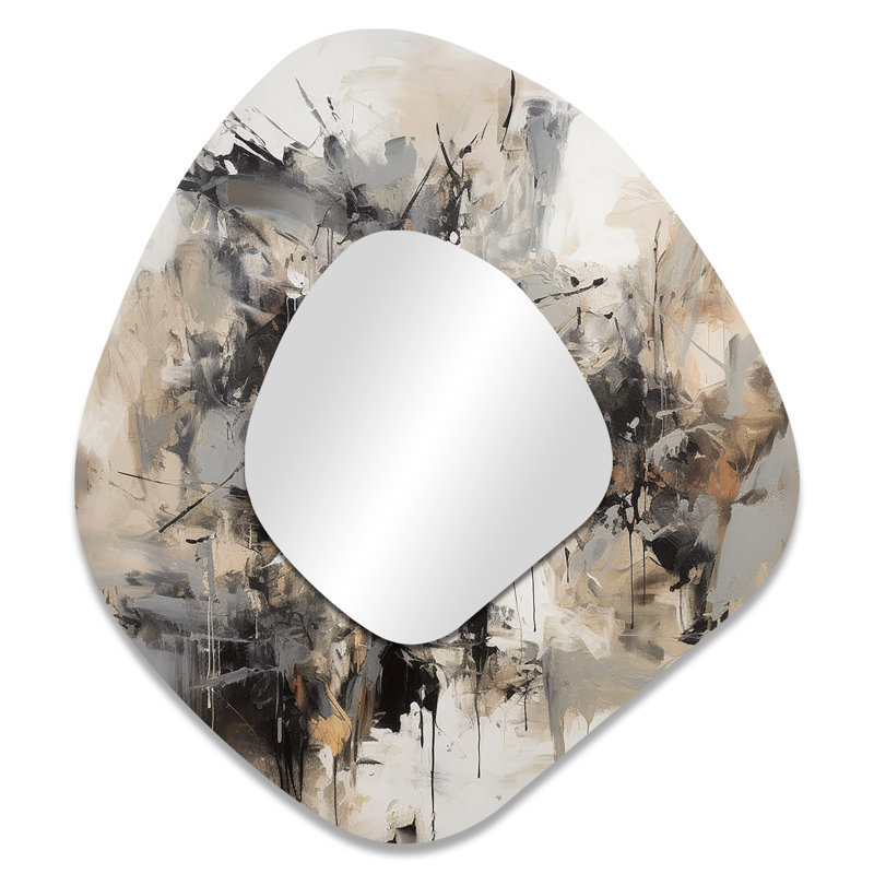 Grey Black Inner Worlds Of Marble III - Geometric Unique Shape Large Mirror, Modern Asymmetrical Decorative Wall Mirror, Printed Metal Art