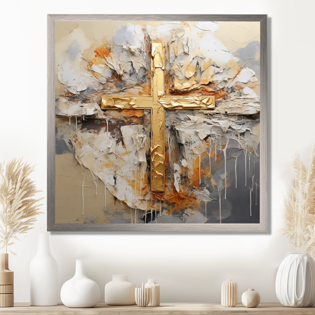 Gold Religious Minimalism Cross - Religious Landscape Canvas Print Wall Art Mercer41 