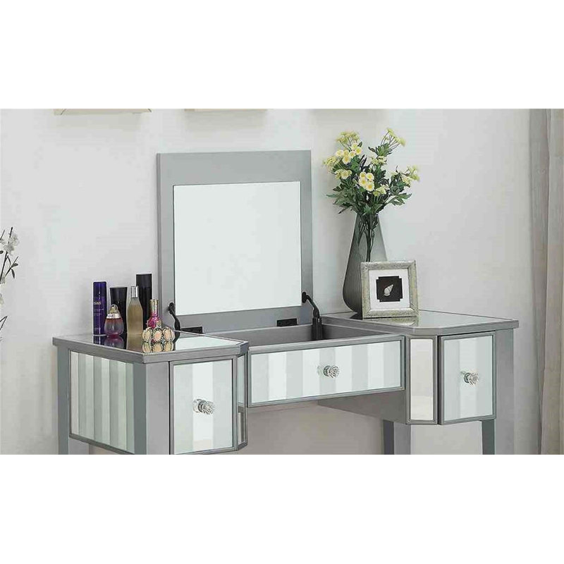 Transitional Style Vanity Set With Storage Drawers, Central Mirror, And Padded Stool For Elegant Bedroom Furniture, Silver
