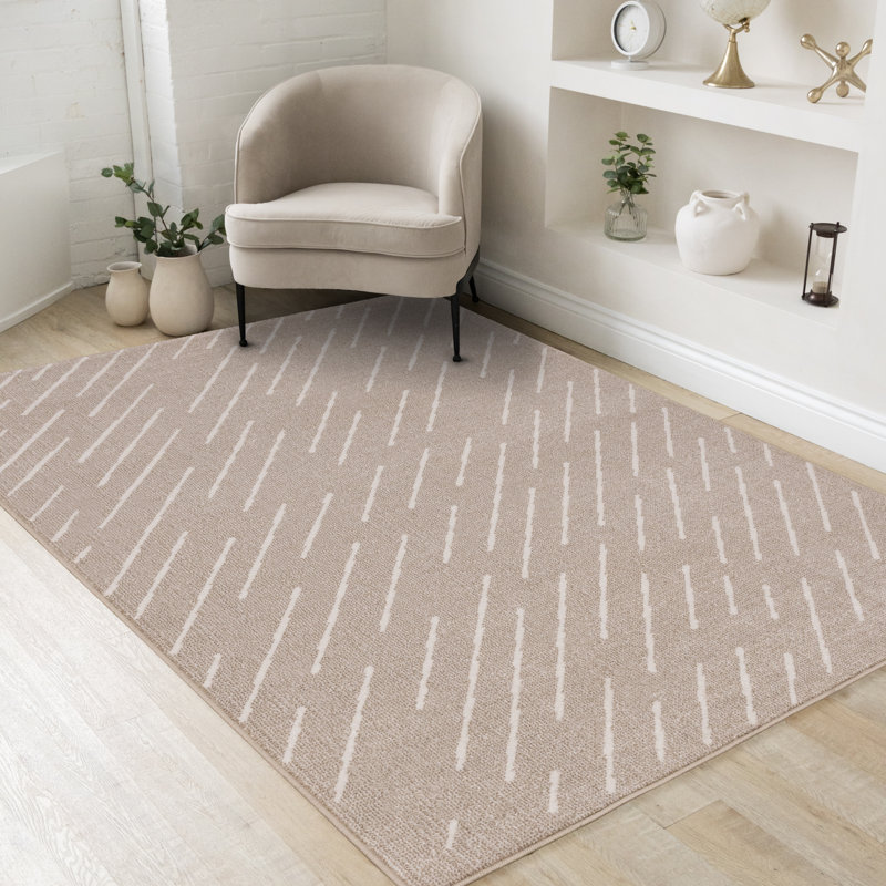 Kempst Neutral Beige Cream Dashes Area Rug, Rectangle 5'3" x 7'7"