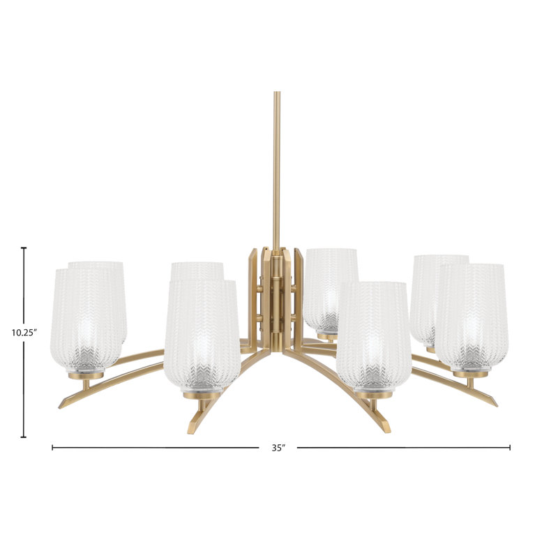 Lustre 8 lumières kurve présenté en finition nouvel âge laiton avec verre texturé de 5 po, Transparent