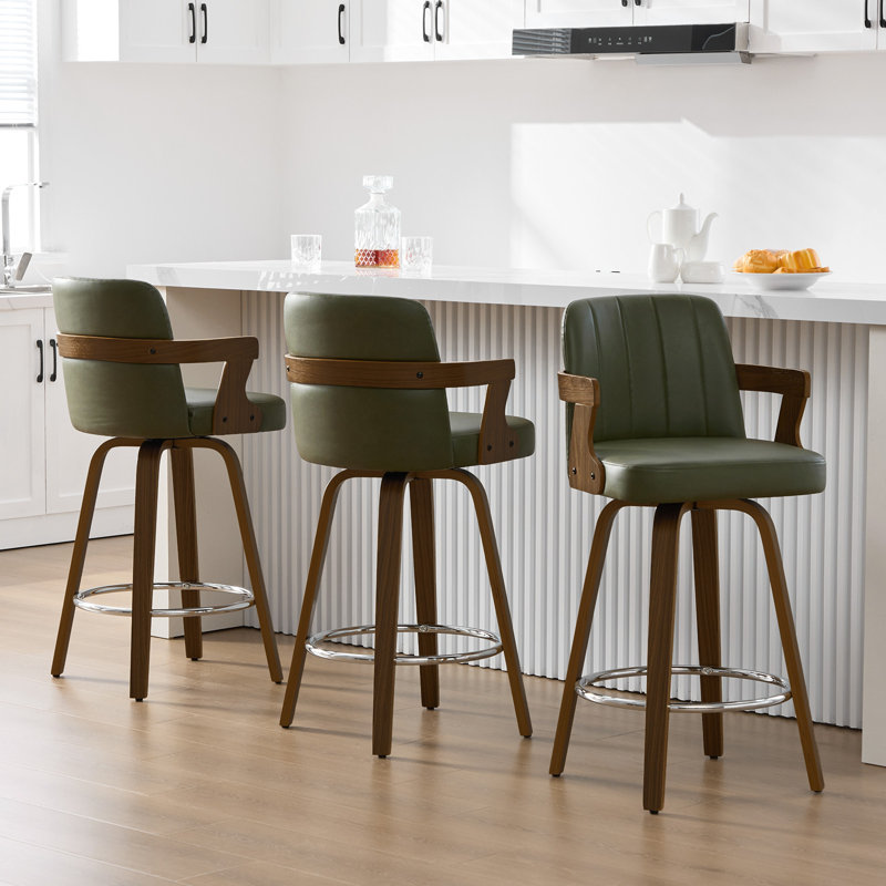 26.4" Mid-Century Modern Upholstered Swivel Counter Height Bar Stool with Walnut Bentwood Frame, Dark Green