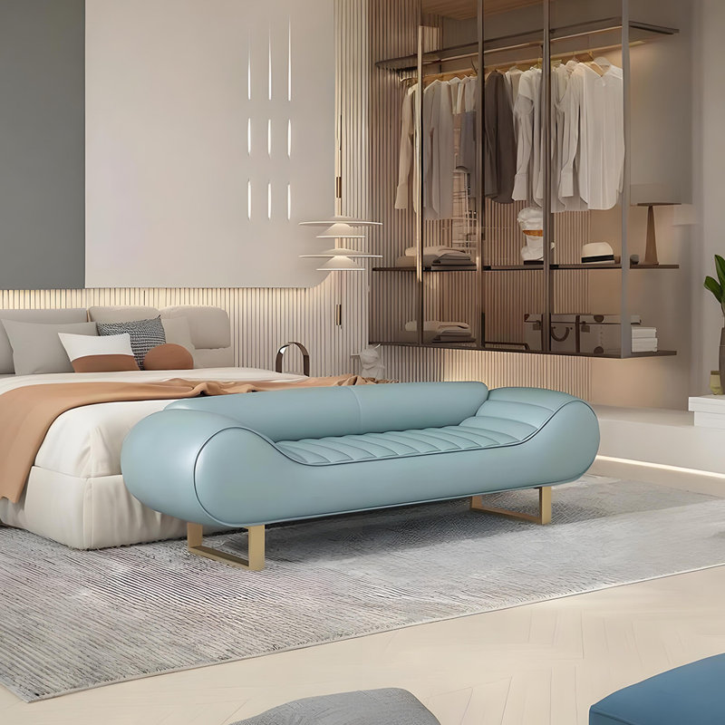 Banc rembourré en similicuir Eyvin, Bleu, H 20,47 po x l 68,89 po x P 19,68 po