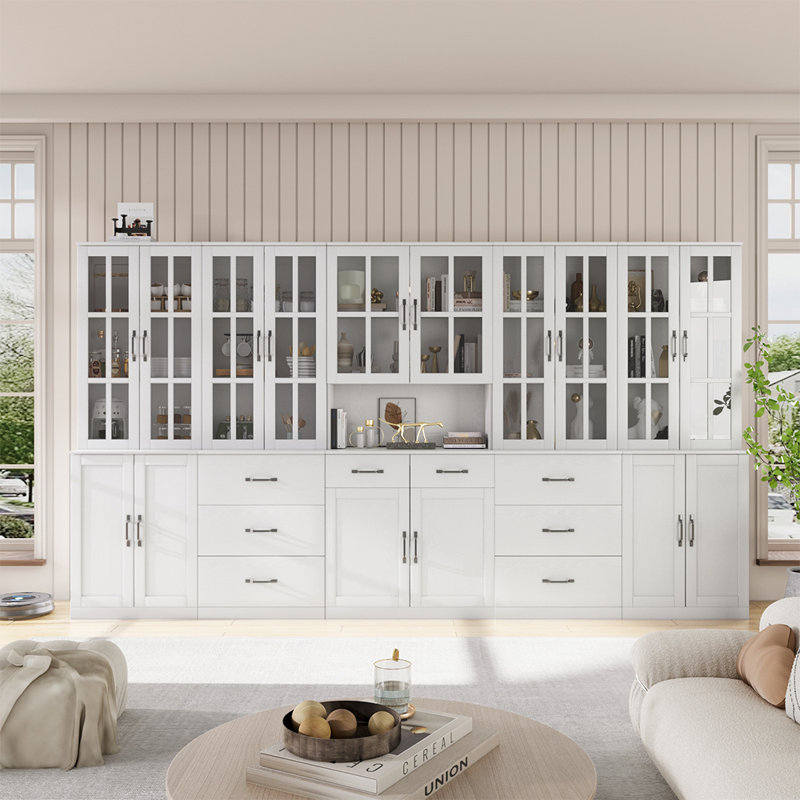 71" H X 126" W Bookcase Cabinet With Glass Doors And Large Storage Drawers(2C+2D+E), White