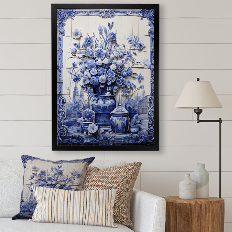 Art mural bleu et blanc Boho Flower Pottery II - Boho Pottery, Cadre photo noir simple, H 20 po x l 12 po x P 1 po