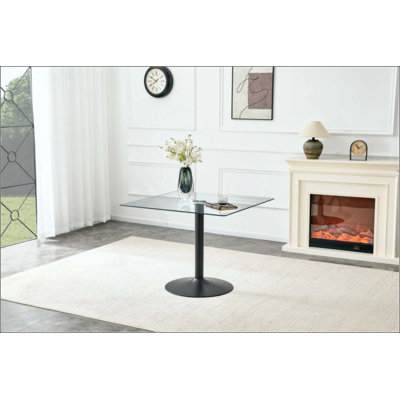 Table de salle à manger moderne en verre minimaliste carrée avec base en métal à une colonne. Disponible en noir, or ou argent. Table de salle à manger à domicile. Convient pour 2 à 4 personnes.