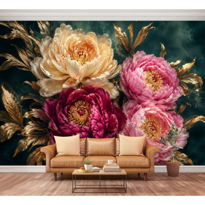 Papier peint auto-adhésif pivoines dorées élégantes, feuillage vert, papier autocollant amovible foncé, décoration murale pour salon, chambre à coucher H 100 po x l 144 po