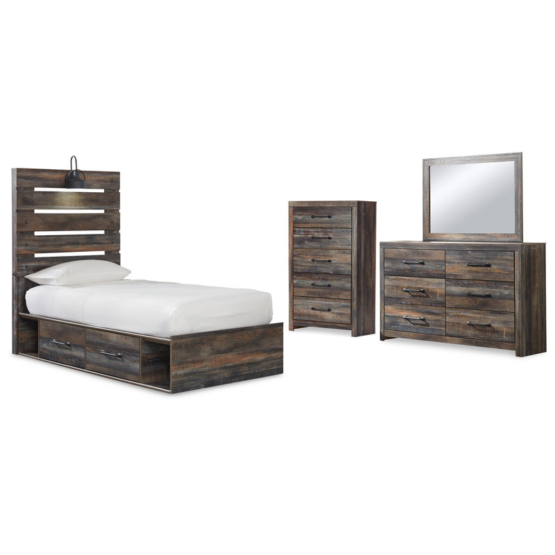 Lit à panneau simple Drystan avec rangement, commode, miroir et commode
