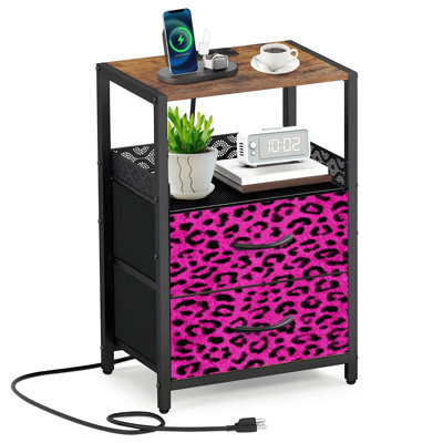 2 Fabric Drawers Night Stand with Charging Station Leopard Print Pink Black Bold Seamless Animal Bedroom Bedside Table End Table with Open Shelf USB Ports and Outlets