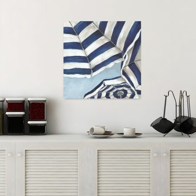Striped Umbrellas Under Summer Sky Abstract Coastal Wall Art