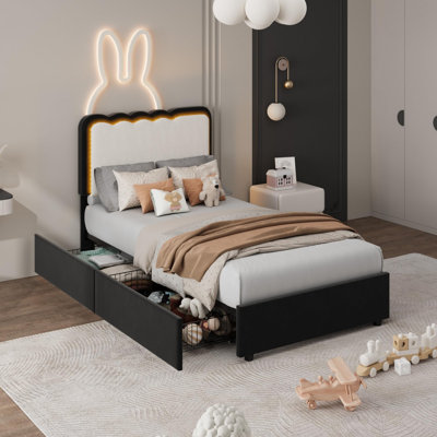 Structure de lit en velours à DEL avec 2 tiroirs de rangement, lit plateforme tapissier avec double tête de lit ondulée pour enfants, aucun sommier tapissier requis