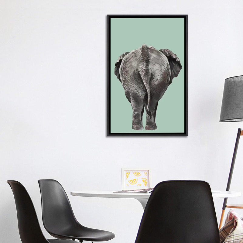 Art de bout éléphant, Toile avec cadre noir patiné, H 48 po x l 32 po x P 1,5 po