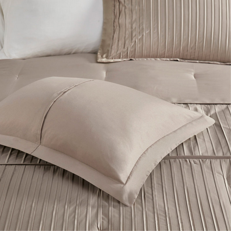 7-Piece Comforter Set Queen Size, Polyester Charmeuse With Pleating Detail & Hypoallergenic Filling, Taupe